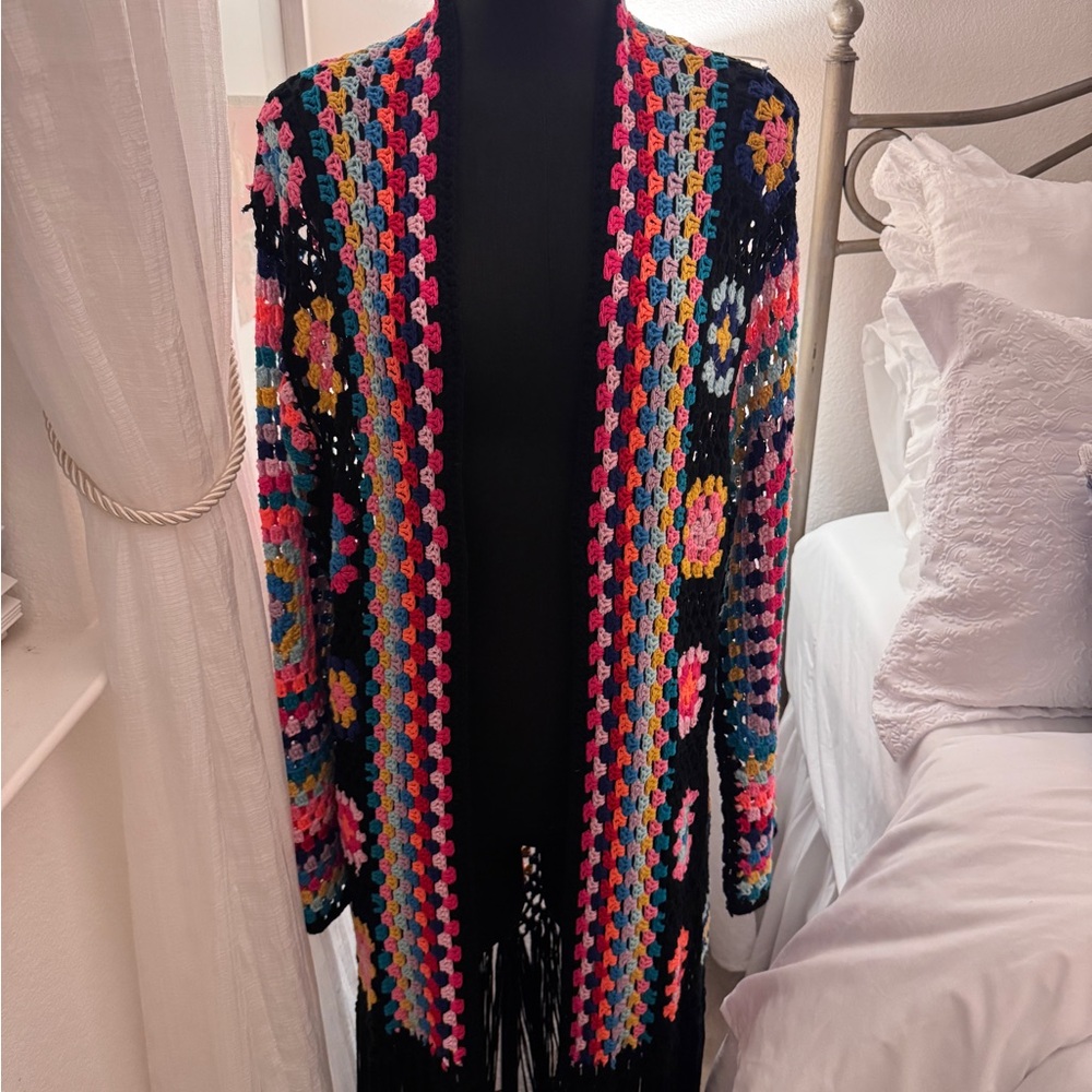 Colorful Crochet Open-Front Cardigan